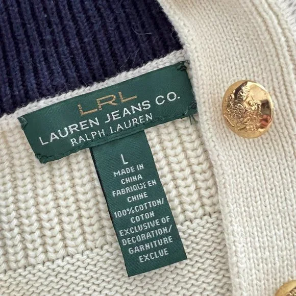 Ralph Lauren Lauren Jeans Co Cream & Navy Military Patch Pullover Sweater Large - Picture 8 of 11